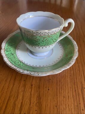 Vintage Demitasse Cup and Saucer.  Green with Gold Design and Trim